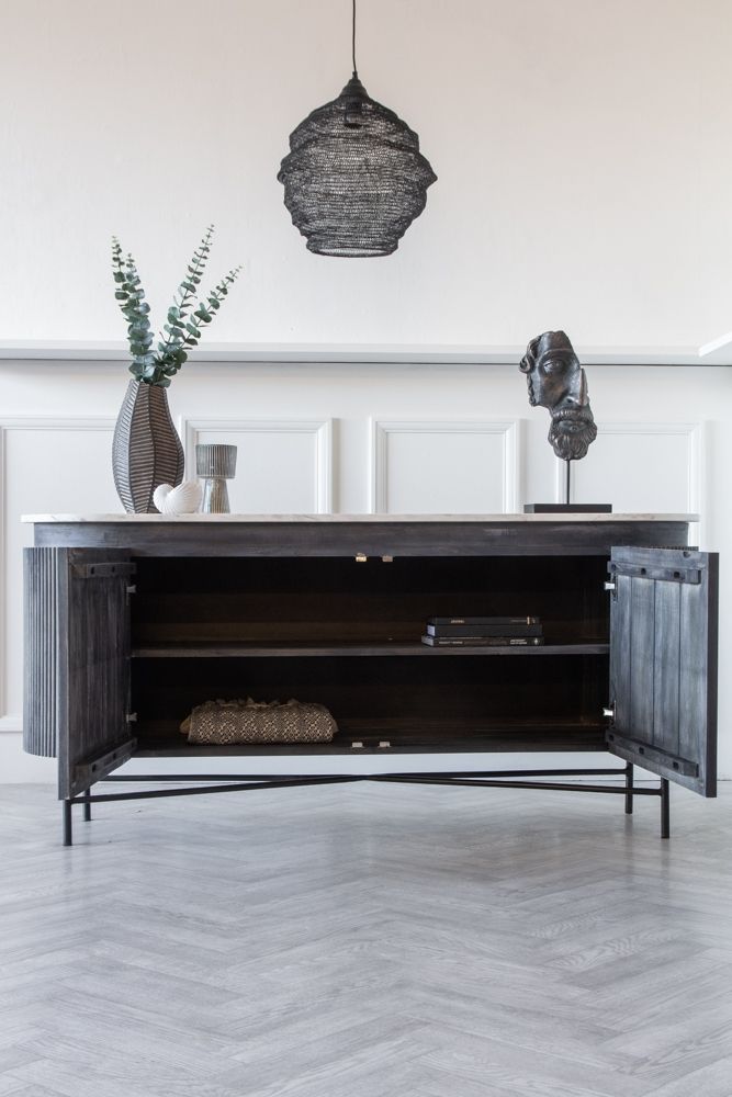 Elegant Striped Mango Wood Marble Console Sideboard Cabinet with Steel Legs