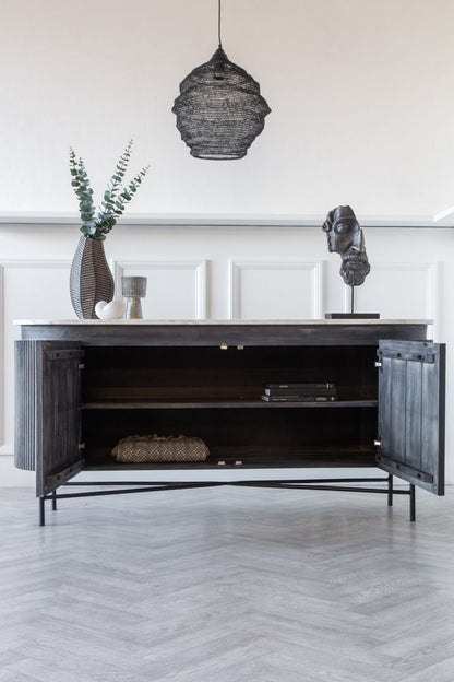 Elegant Striped Mango Wood Marble Console Sideboard Cabinet with Steel Legs