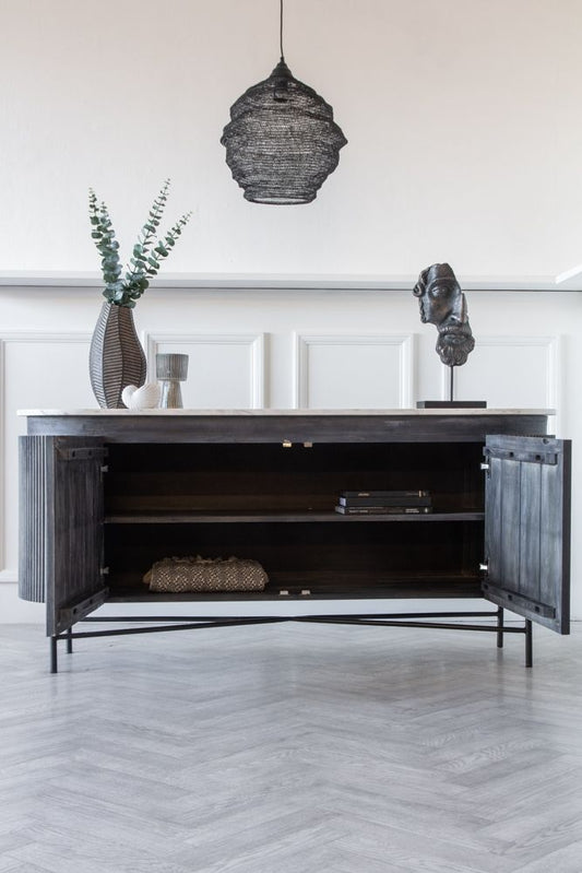 Elegant Striped Mango Wood Marble Console Sideboard Cabinet with Steel Legs