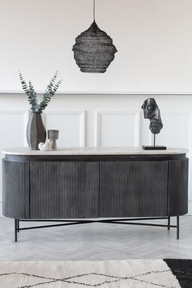 Elegant Striped Mango Wood Marble Console Sideboard Cabinet with Steel Legs