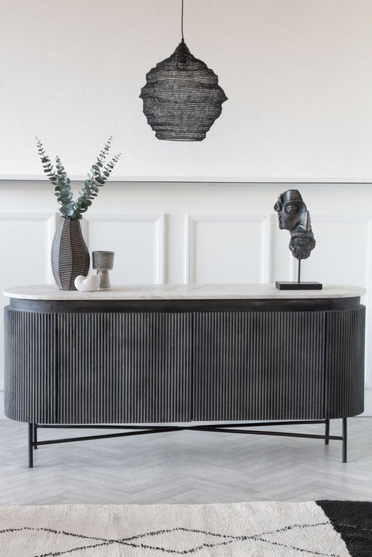 Elegant Striped Mango Wood Marble Console Sideboard Cabinet with Steel Legs