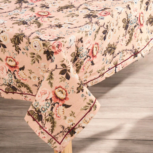 Amour Blush Linen Tablecloth | Vintage Rose Print | 3 Sizes including Round