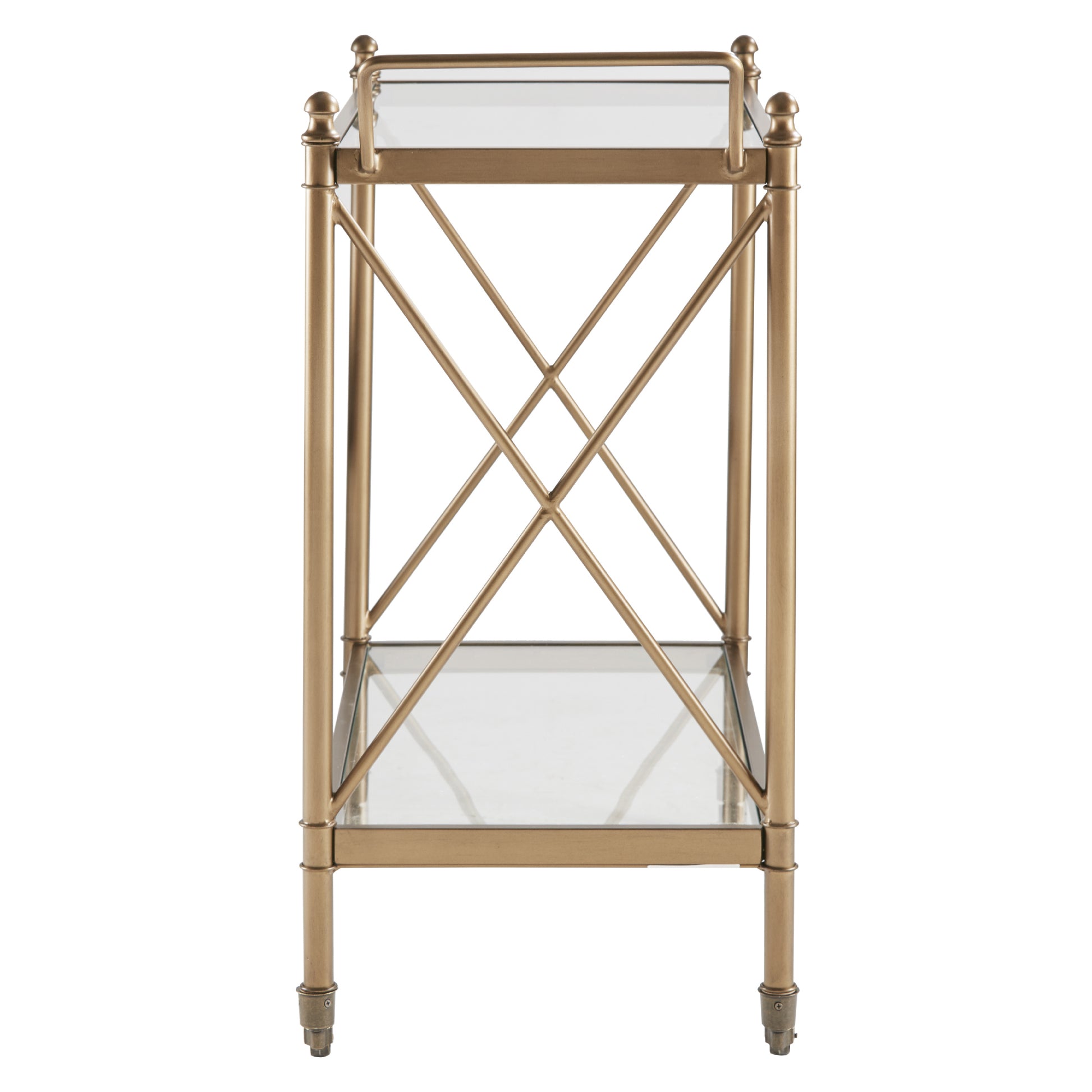 Swift Bronze Finish Bar Cart with Tempered Glass Shelves and Castors