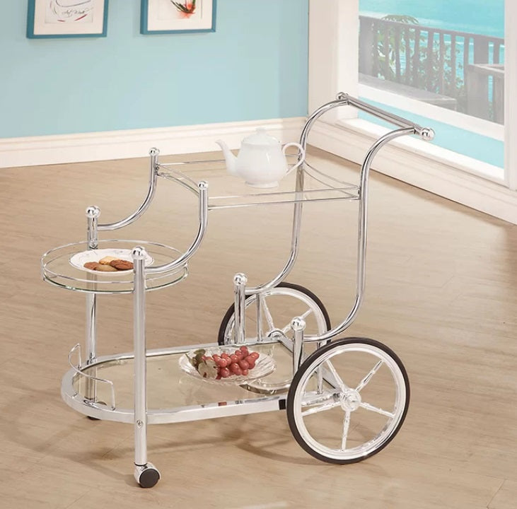 Hardy Mobile Chrome Finish Bar Cart with Tempered Glass Shelves