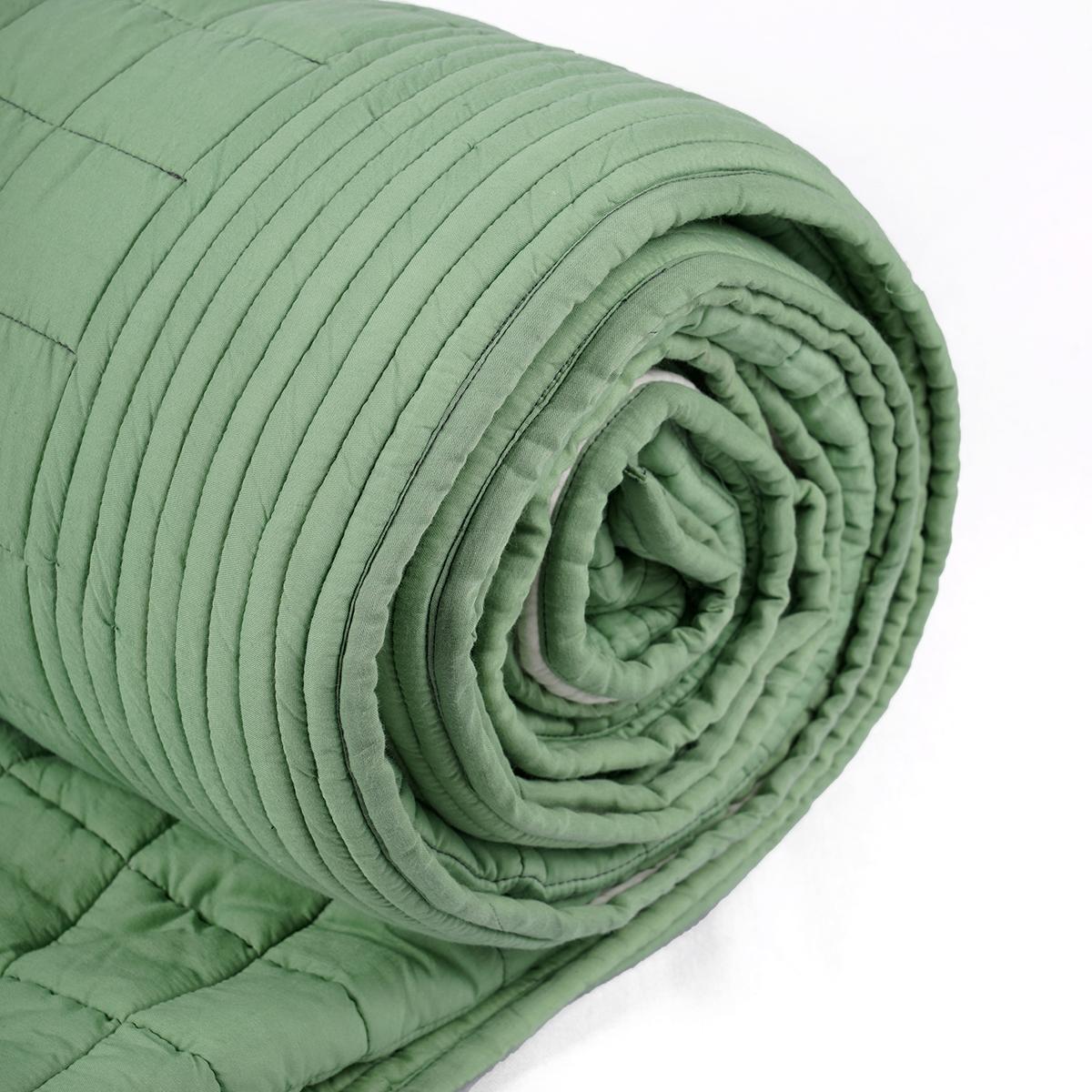 SAGE GREEN cotton quilted bedspread with check pattern, Sizes available