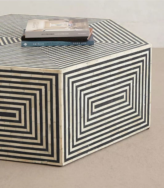 Handcrafted Hexagon Bone Inlay Coffee Table - Modern Living Room Centrepiece Design
