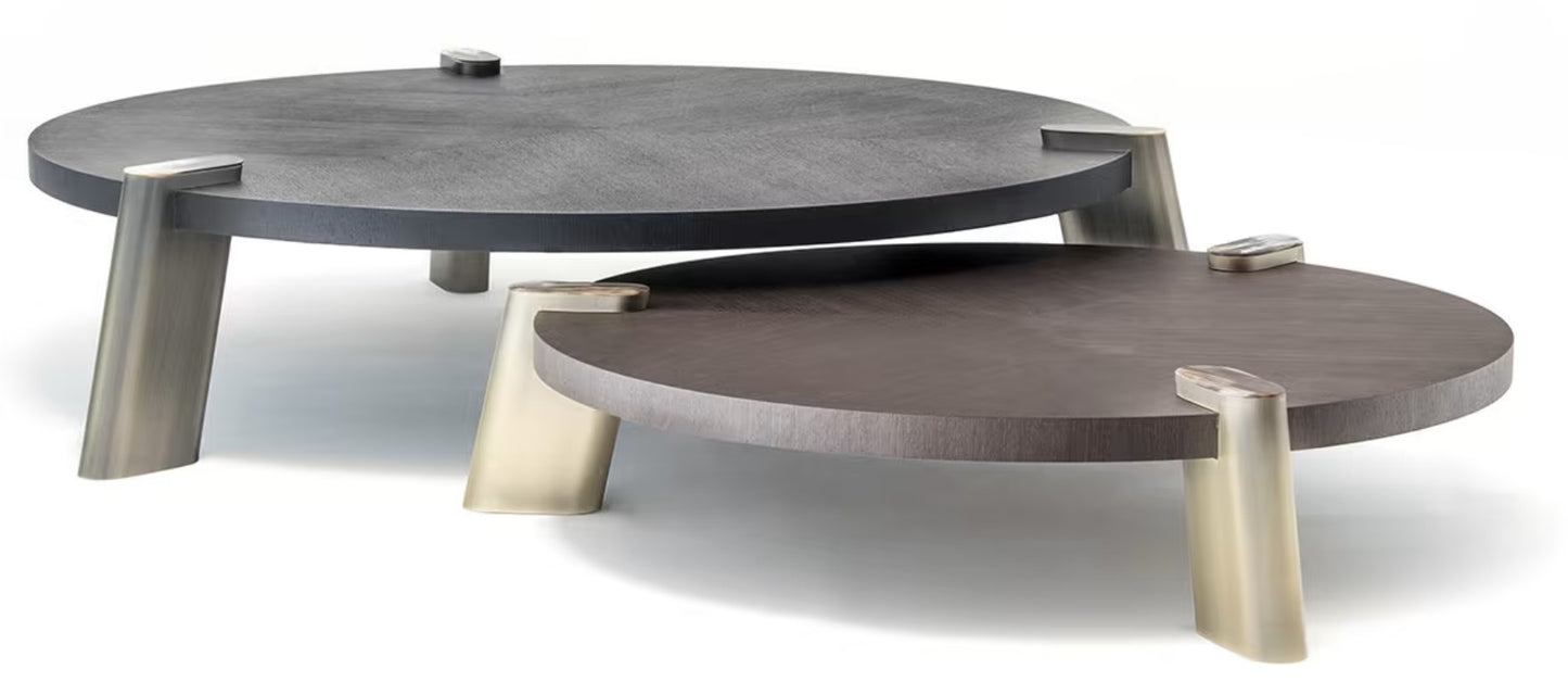 Elegant Nested Oak Veneer Coffee Table Set with Brass Accents