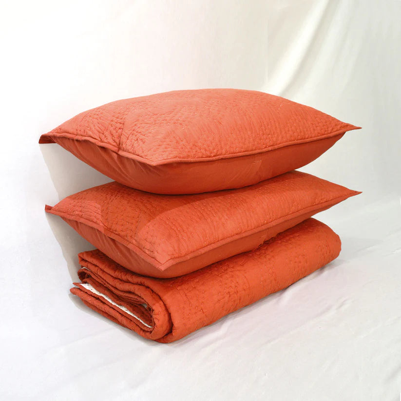 Rust cotton chevron kantha quilt set – Quilt with coordinated pillow covers, sizes available