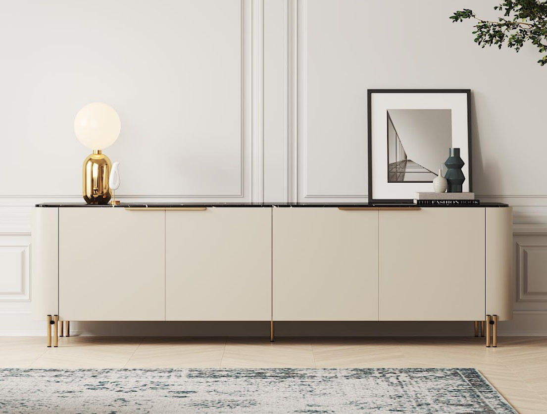 Elegant Bamboo Sideboard with Marble Top and Stainless Steel Base