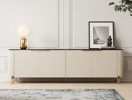 Elegant Bamboo Sideboard with Marble Top and Stainless Steel Base