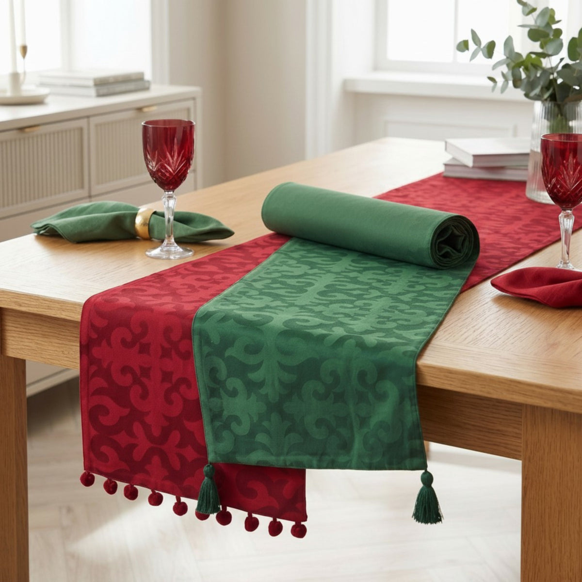 Shyrdak Tropical Green Table Runner | Moroccan Print & Green Tassels | 2 Sizes