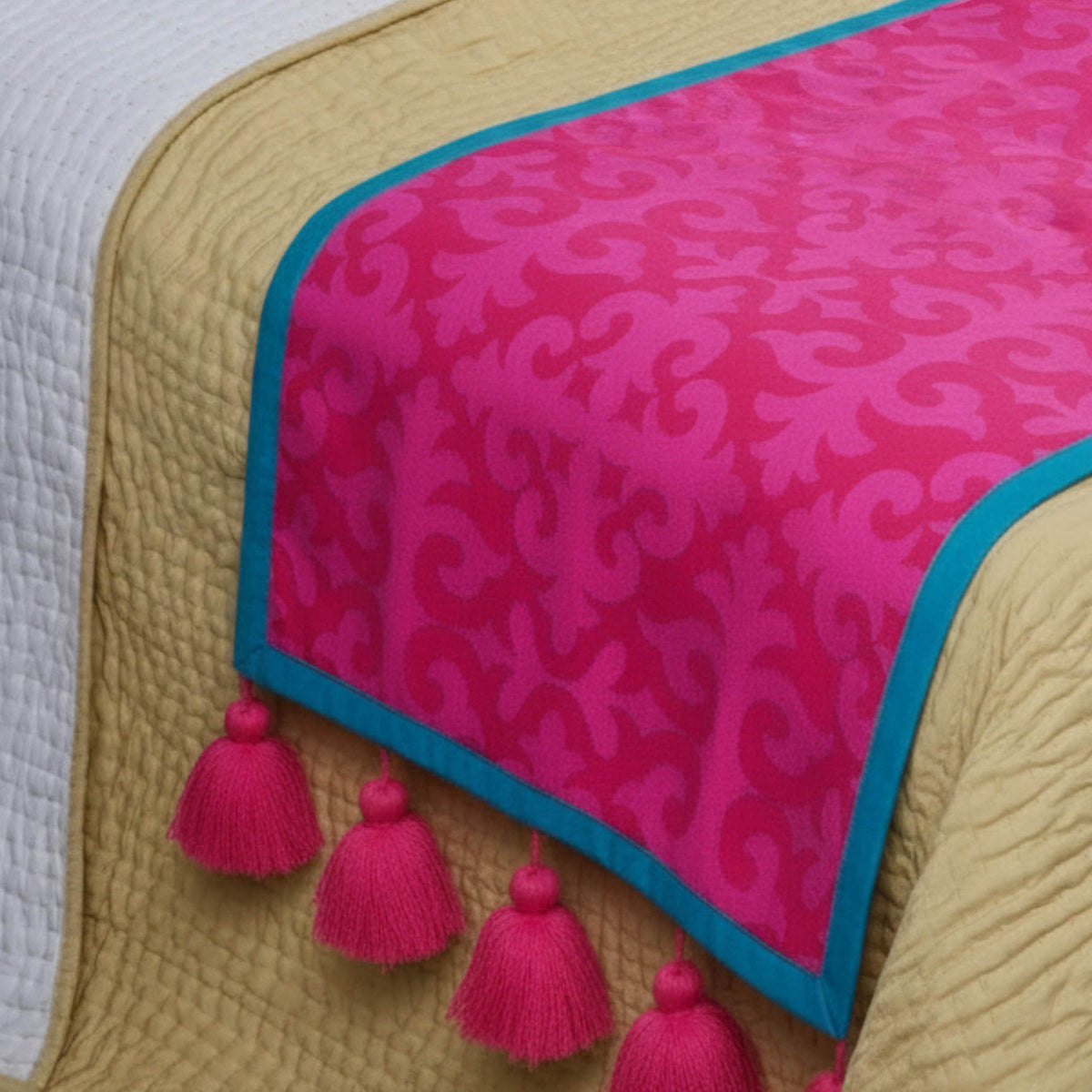 SHYRDAK - Hot Pink printed cotton Bed runner set - King / Queen / Twin Size