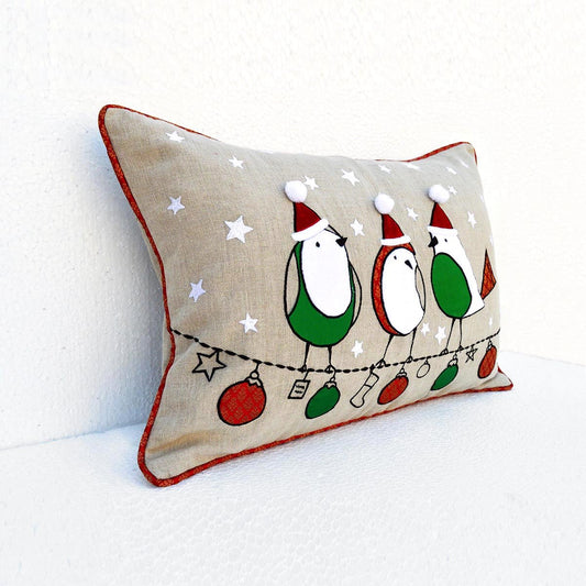 Festive Indian Brocade Linen Pillow Cover with Birds & Ornaments