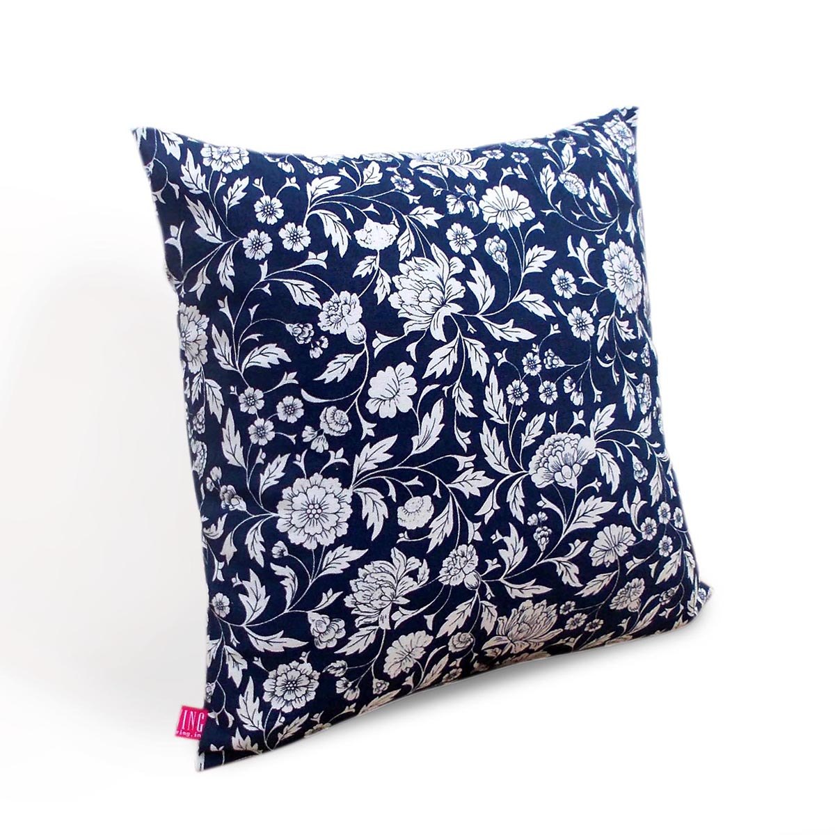 Indigo Kalamkari Cotton Cushion Cover – White Floral Print | Reversible | 4 Sizes