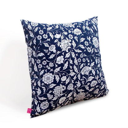 Indigo Kalamkari Cotton Cushion Cover – White Floral Print | Reversible | 4 Sizes