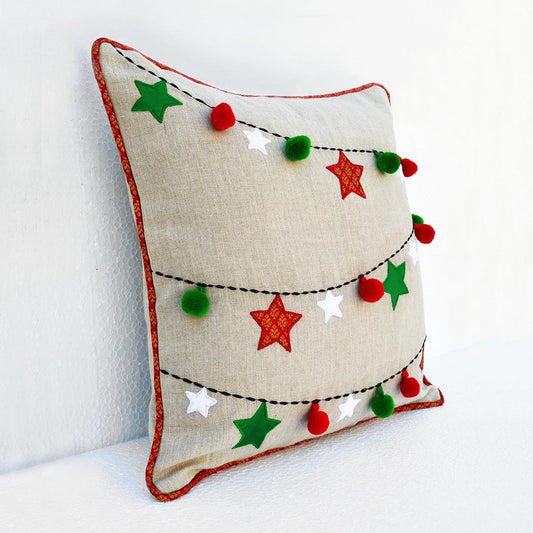 Festive Indian Brocade Linen Pillow Cover with Embroidered Pompoms