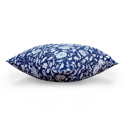 Indigo Kalamkari Cotton Cushion Cover – White Floral Print | Reversible | 4 Sizes