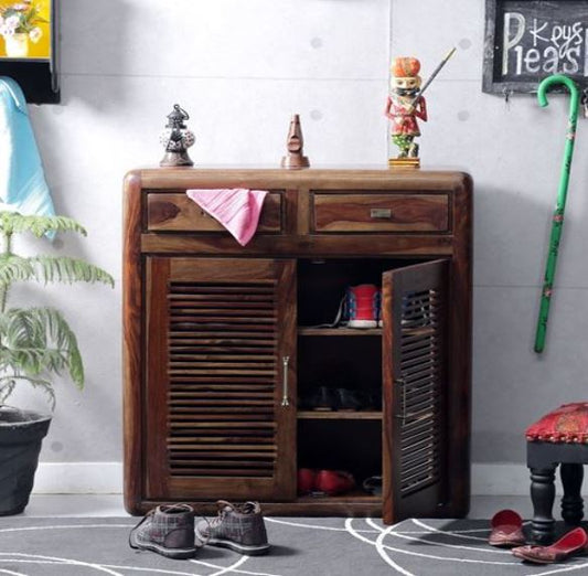 Wooden Shoe rack with 2 Drawers & 2 Door with Wooden Strip designs