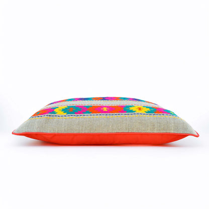Folk Kilim Embroidered Linen Cushion Cover – Patti Pattern, Boho Ethnic