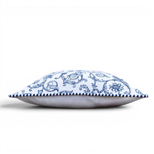 Blue & White Victorian Swirl Print Cotton Cushion Cover | Welted | Zip Closure | 4 Sizes