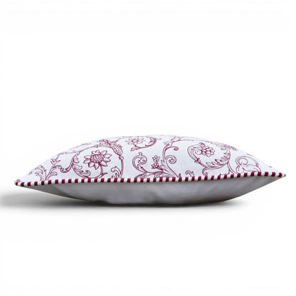 Red & White Victorian Swirl Print Cotton Cushion Cover | Welted | Zip Closure | 16×16"