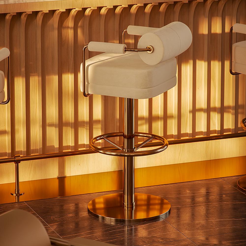 Luxurious Simpson Mid-Century Modern Bar Chair with Brass Finish and Plush Fabric