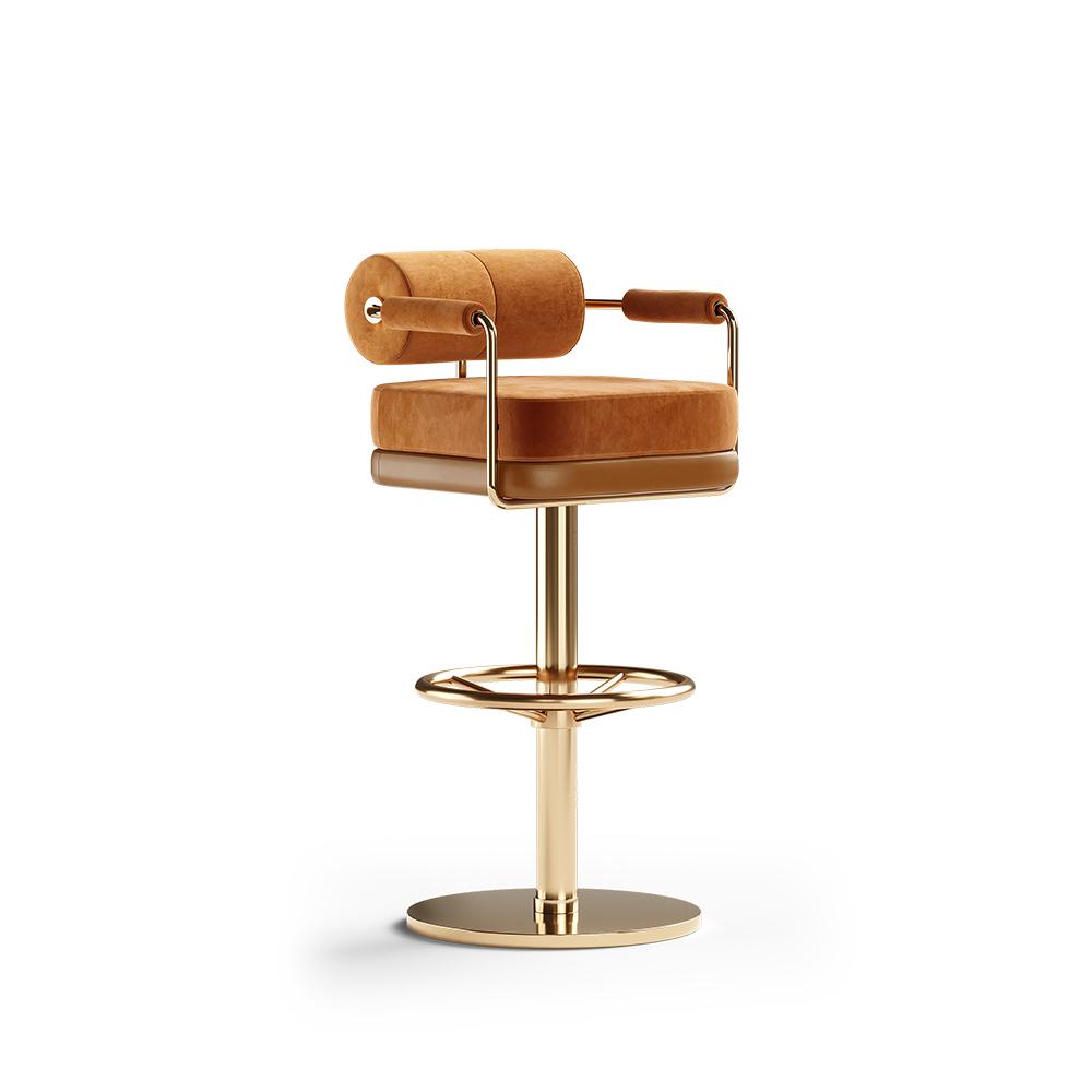 Luxurious Simpson Mid-Century Modern Bar Chair with Brass Finish and Plush Fabric