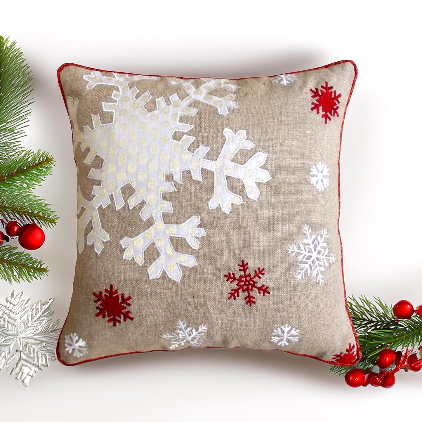 Christmas Snowflake Cushion Cover – Linen & Brocade Pillow Cover