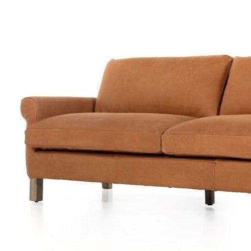 Camille Cushion Sofa Premium Camel Leather Solid Wood 3-Seater