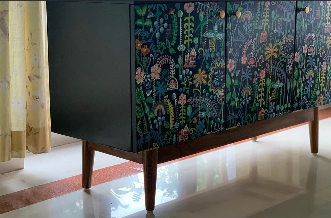 hand painted and handcrafted mid century retro sideboard