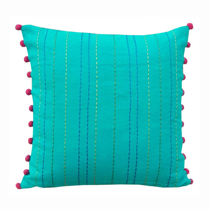 Stylized Solid Turquoise Cushion Cover with Rice Stitch & Pompoms