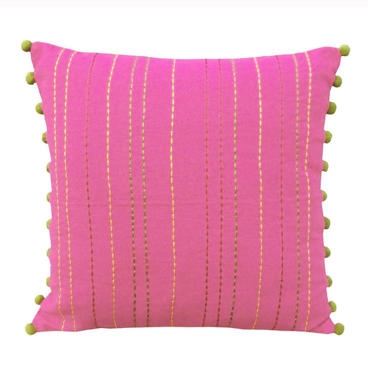 Stylized Solid Pink Cushion Cover with Rice Stitch & Pompoms