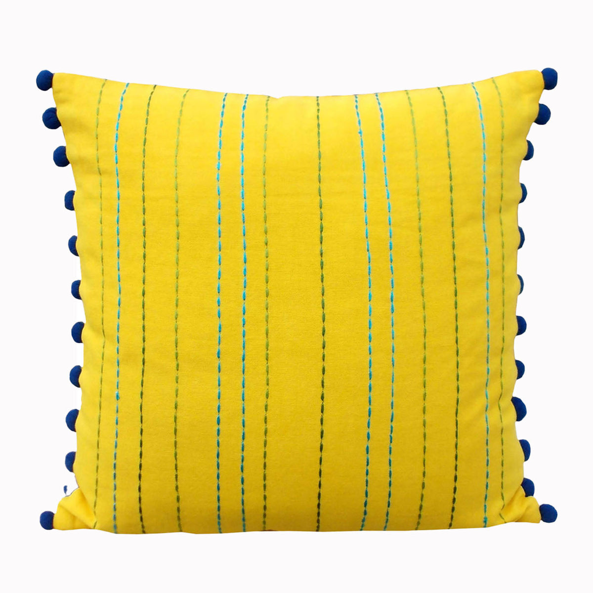 Stylized Solid Yellow Cushion Cover with Rice Stitch & Pompoms