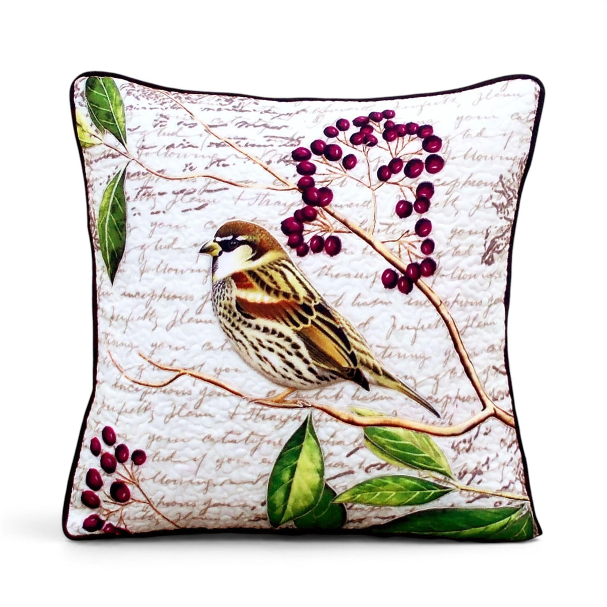 Botanical Sparrow Print Quilted Cushion Cover – White & Brown, 16×16"