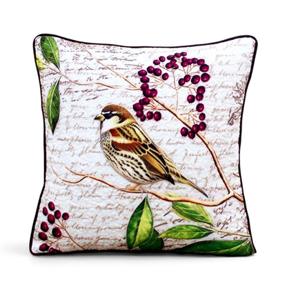 Botanical Sparrow Print Quilted Cushion Cover – White & Brown, 16×16"