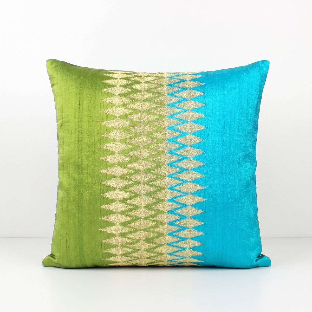 Ikat Silk Dupion Cushion Cover – Turquoise & Lime Green Colour Block with Gold Zari Embroidery | 4 Sizes