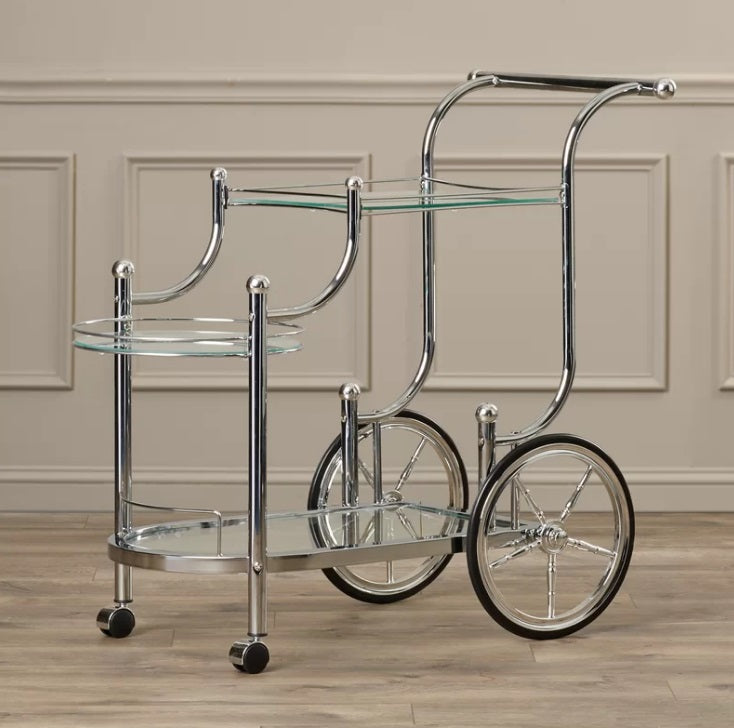 Hardy Mobile Chrome Finish Bar Cart with Tempered Glass Shelves