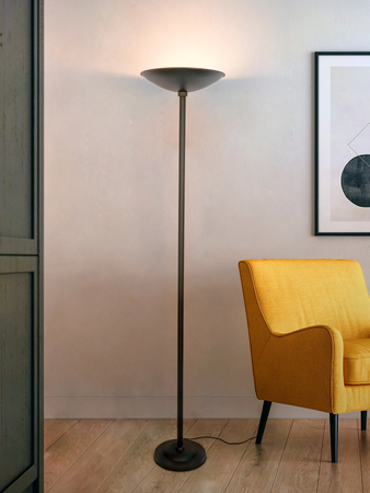 Transitional Black-Powdered Finish Long 72 Inch Steel Double-Light Uplighter Floor Lamp Torchiere