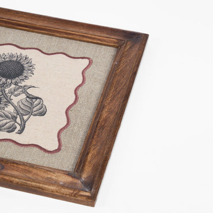 Sunflower Botanical Wall Art – Framed Gift | Embroidered Linen, 12×12 inches