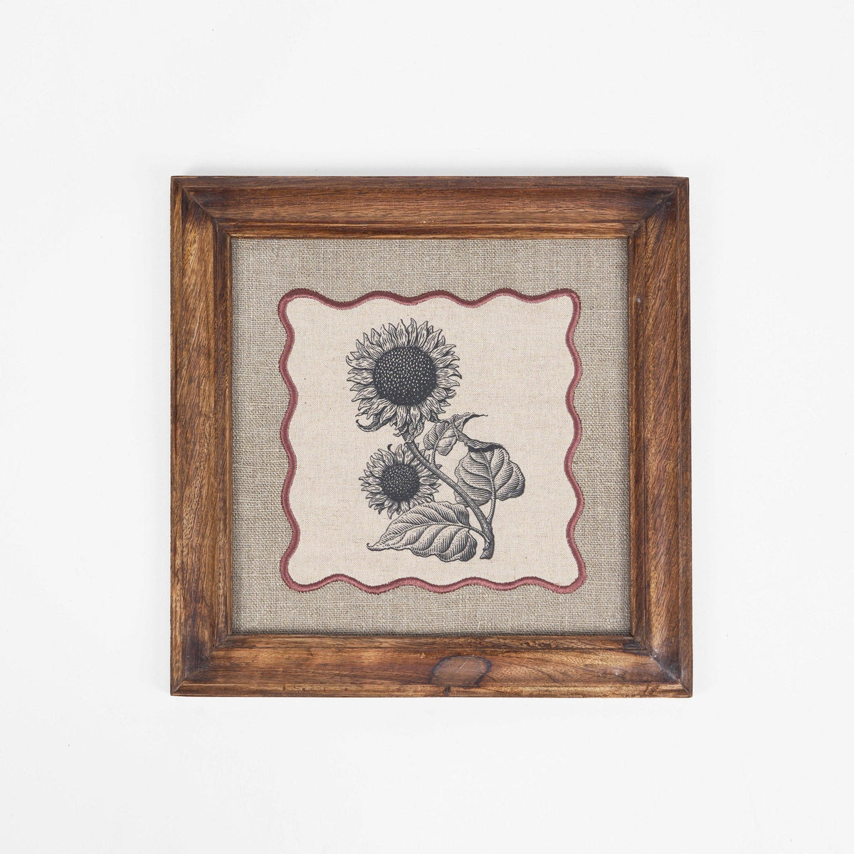 Sunflower Botanical Wall Art – Framed Gift | Embroidered Linen, 12×12 inches