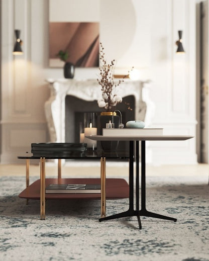 Modern Bamboo-Inspired Two-Tier Glass Top Coffee Table with Brass Finish Legs