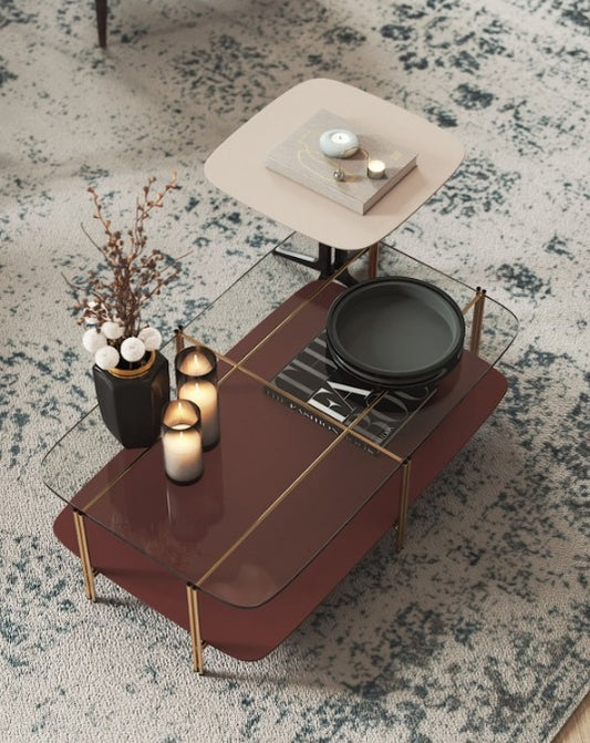Modern Bamboo-Inspired Two-Tier Glass Top Coffee Table with Brass Finish Legs