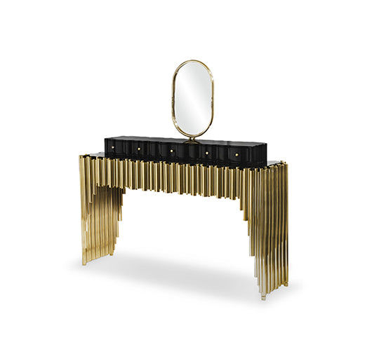 Symphony Modern Luxury Console Table: Stainless Steel Base, Exotic Wood Top