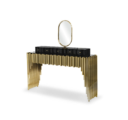 Symphony Modern Luxury Console Table: Stainless Steel Base, Exotic Wood Top