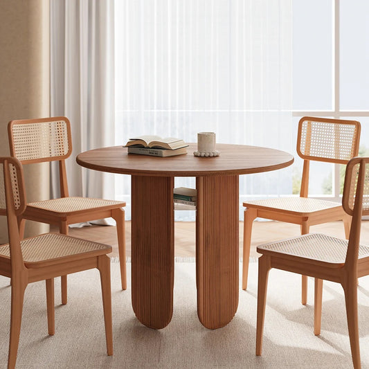 Rustic Farmhouse Round Wood Dining Table with Storage Shelf - Seats 4