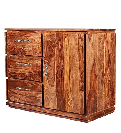 Wooden Sideboard Cabinet for Living Room | Kitchen Storage Side Board with 3 Drawers & Cabinet | Sheesham Wood (Honey Finish)