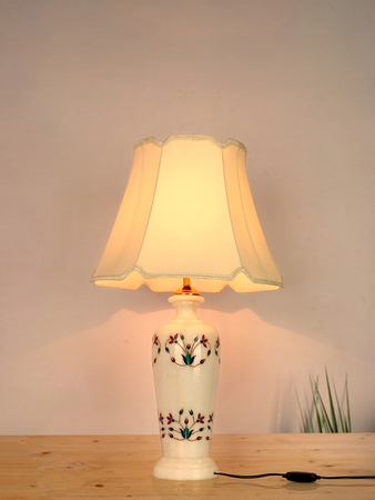Multicolored Floral Inlay Marble Jar Table Lamp With 16inch Off White Scalloped Borders Fabric Shade