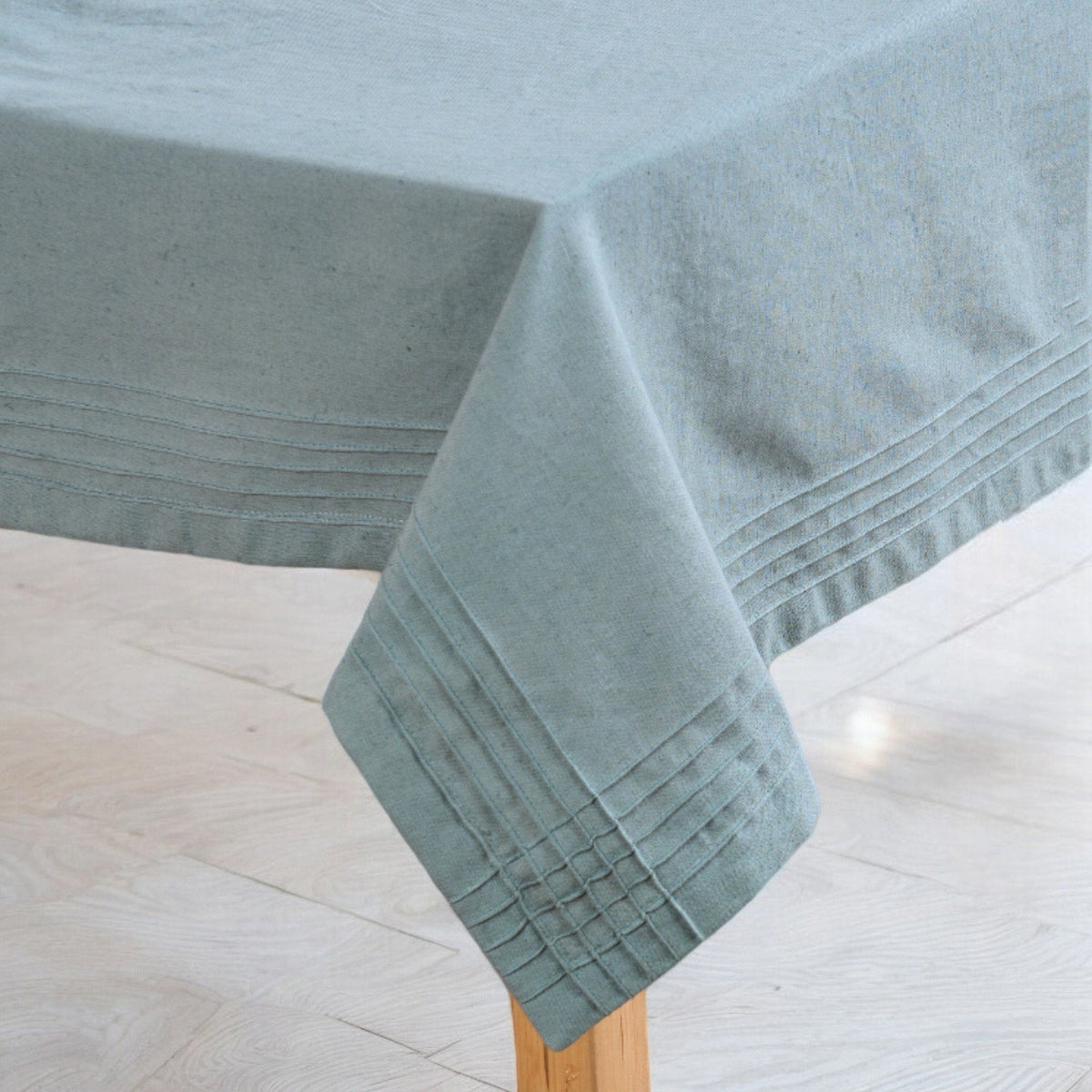 Amour Solid Duck Egg Linen Tablecloth | Pintuck Border | 4 Sizes incl. Round & Custom