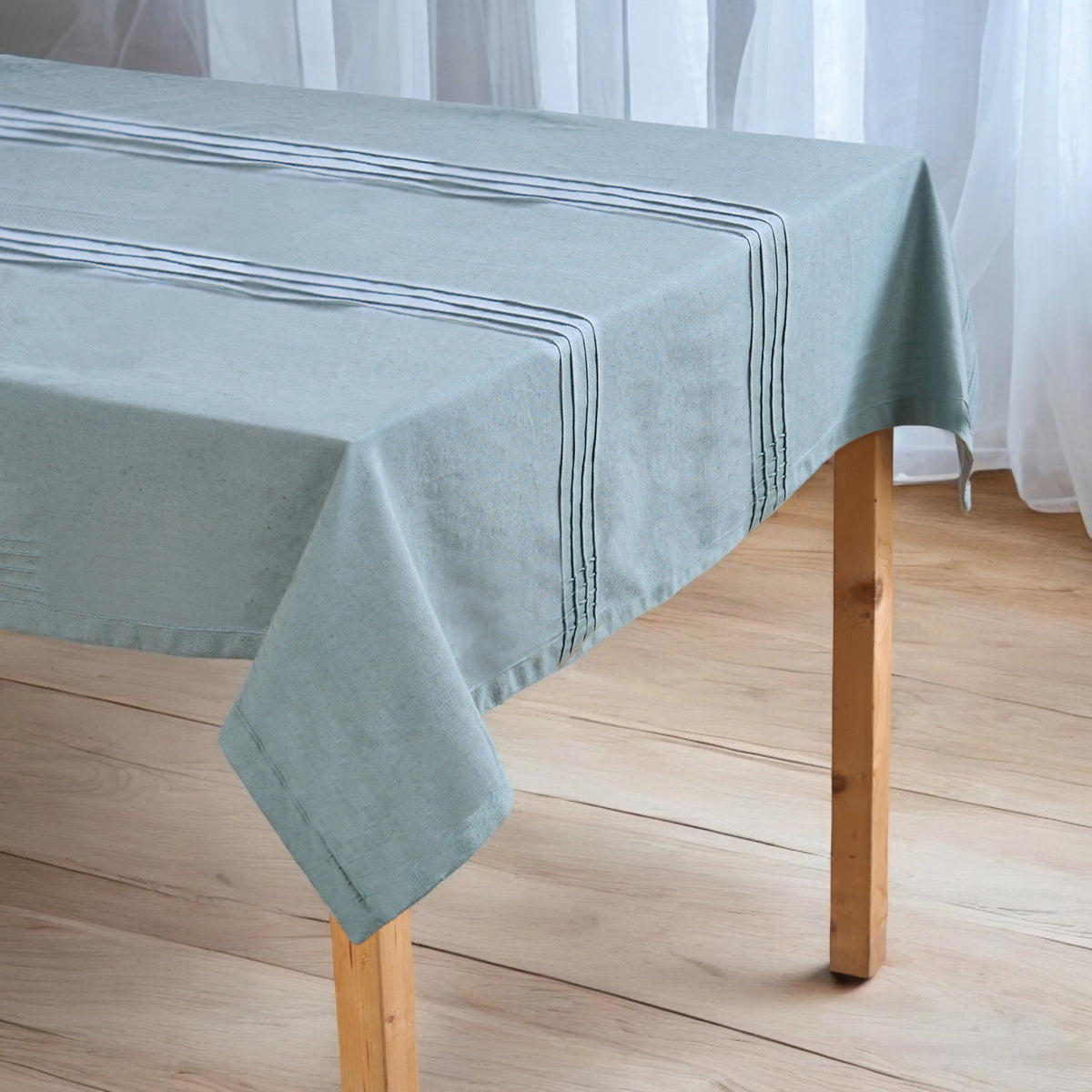 Amour Solid Duck Egg Linen Tablecloth | Pintuck Border | 4 Sizes incl. Round & Custom