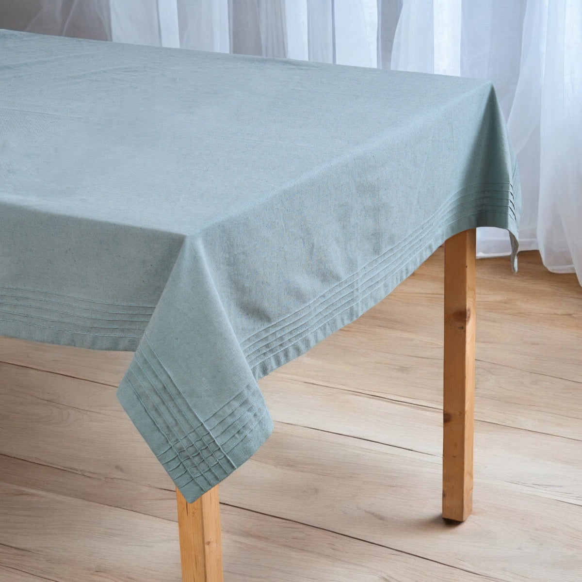 Amour Solid Duck Egg Linen Tablecloth | Pintuck Border | 4 Sizes incl. Round & Custom